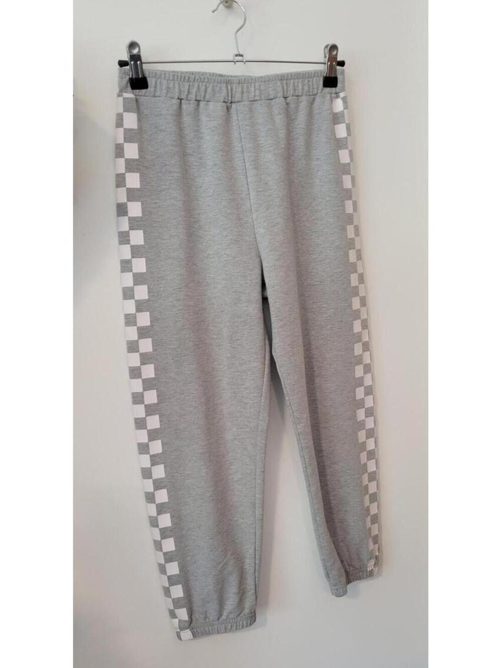 Boys Gray Sweatpants with Checkerboard Side Stripe